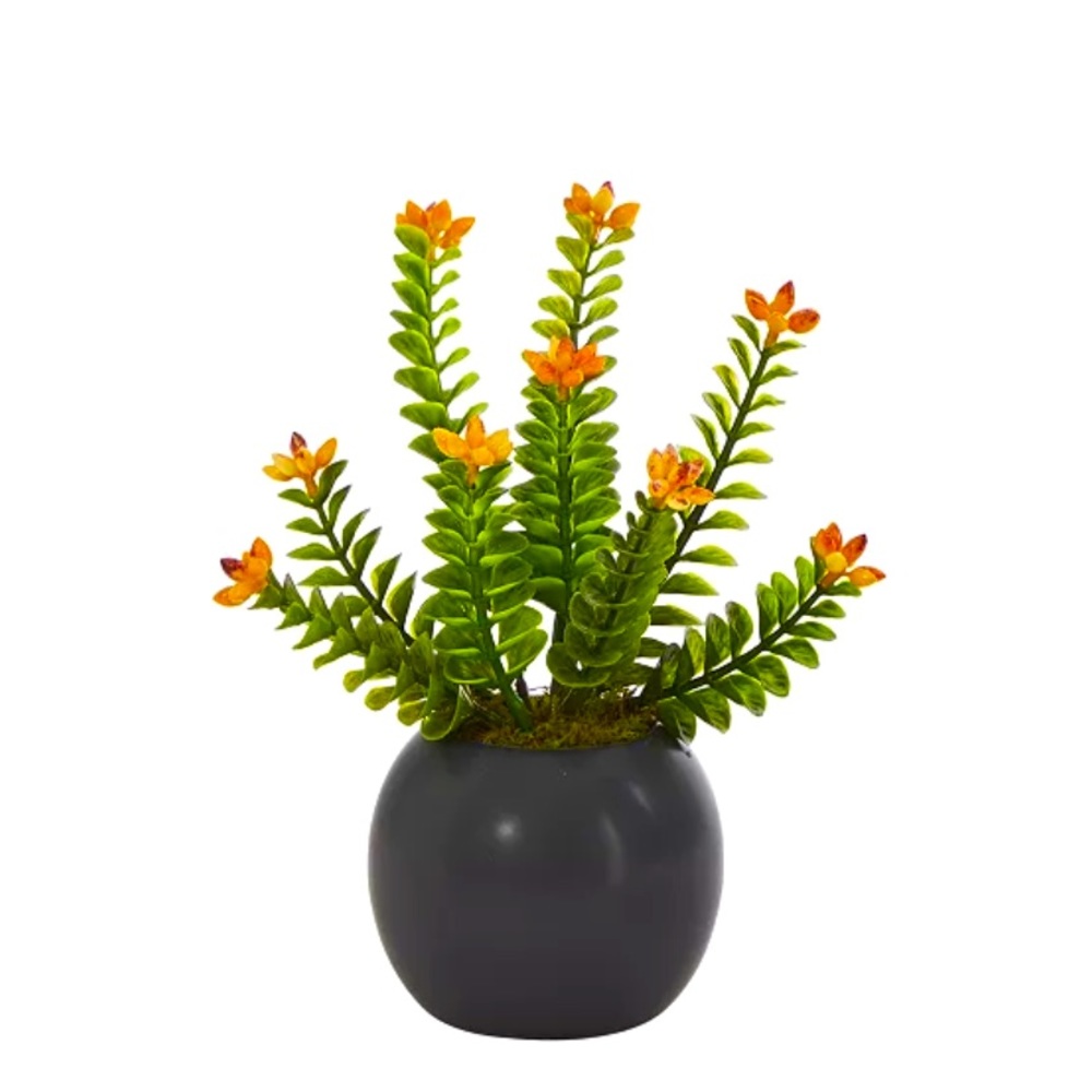 NEARLY NATURAL Flowering Sedum Succulent Artificial Orange Plant in Planter